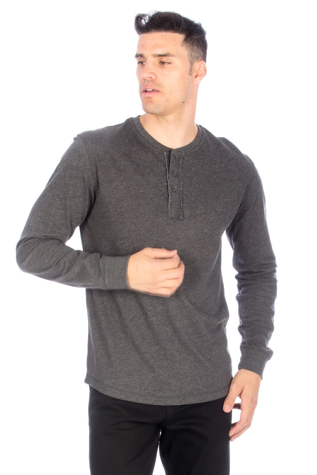 Mens Henley Neck Long Sleeve Charcoal Grey T Shirt